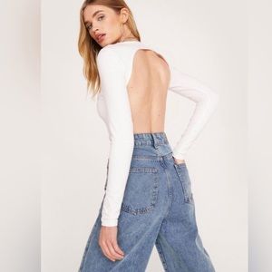 White long sleeve open back body suit